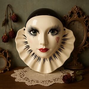 Vintage Pierrot Wall Mask – Handmade Ceramic Art – Harlequin Clown Goth Decor